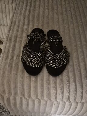 So Me Black and White Braided Rope Slide Sandals